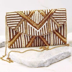 Ivory and Gold Beaded Clutch Cocktail Evening Bag